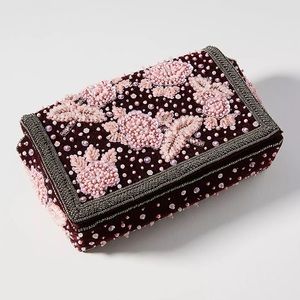 Anthropologie Velvet Beaded Boho Glam Bag Crossbody Clutch Sequins Raspberry